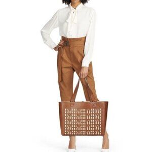 FRYE Laser-Cut Logo Large Leather Tote Tan NWT NEW $398